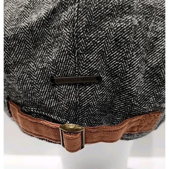 Vince Camuto Grey Herringbone Tweed Flat Cap Black Brown Trim Polyester OSFM - Picture 2 of 4